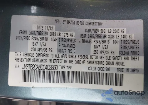 2013 Mazda Cx-9 Touring z USA, uszkodzony, nr VIN JM3TB2CA8D0403860